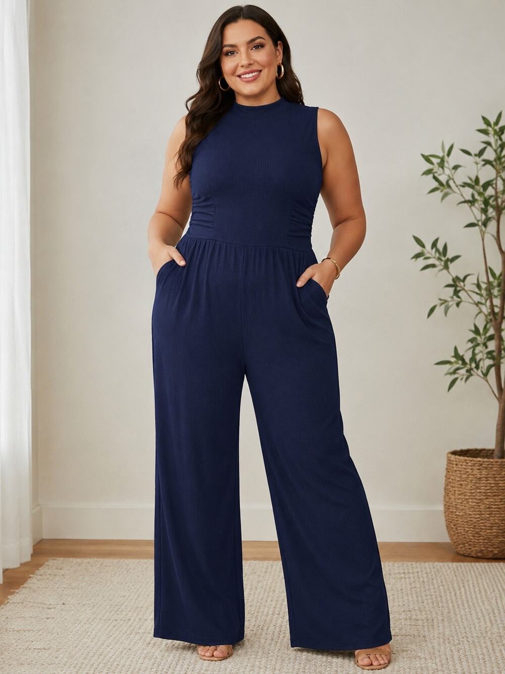 PRETTYGARDEN Navy Ribbed Wide Leg Jumpsuit XL NWT Sleeveless Mock Neck Pockets